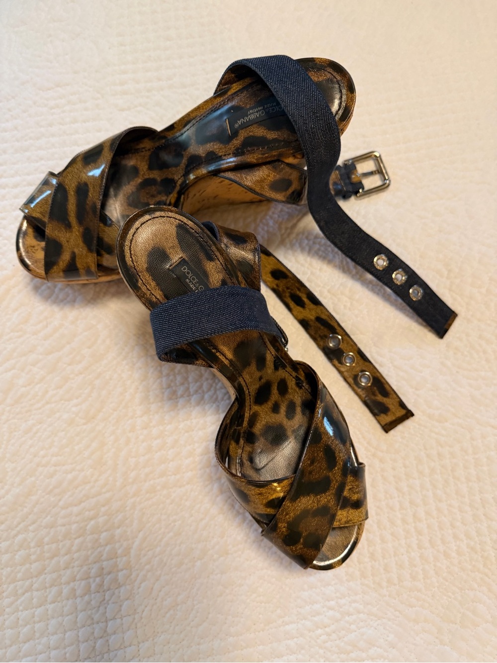 Dolce & Gabbana Leopard-Print Patent Leather Heels with Black Elastic Strap